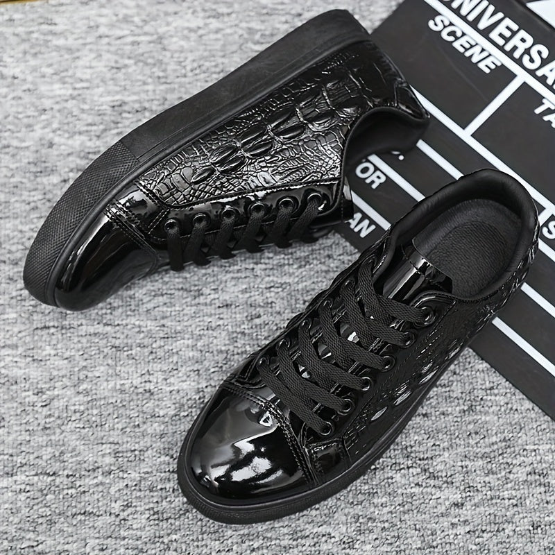 Men's Black Crocodile Pattern Casual Sneakers with Soft Sole and Lace-Up