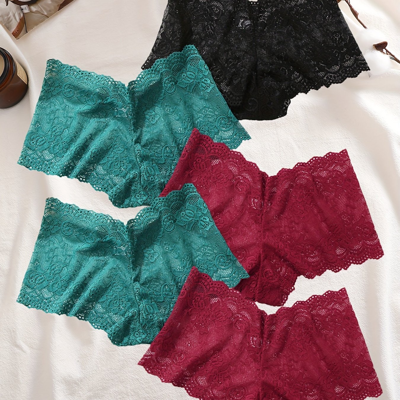 Women's Floral Lace Mid-Rise Panties Solid Color Sexy Knit Shorts Set of 5