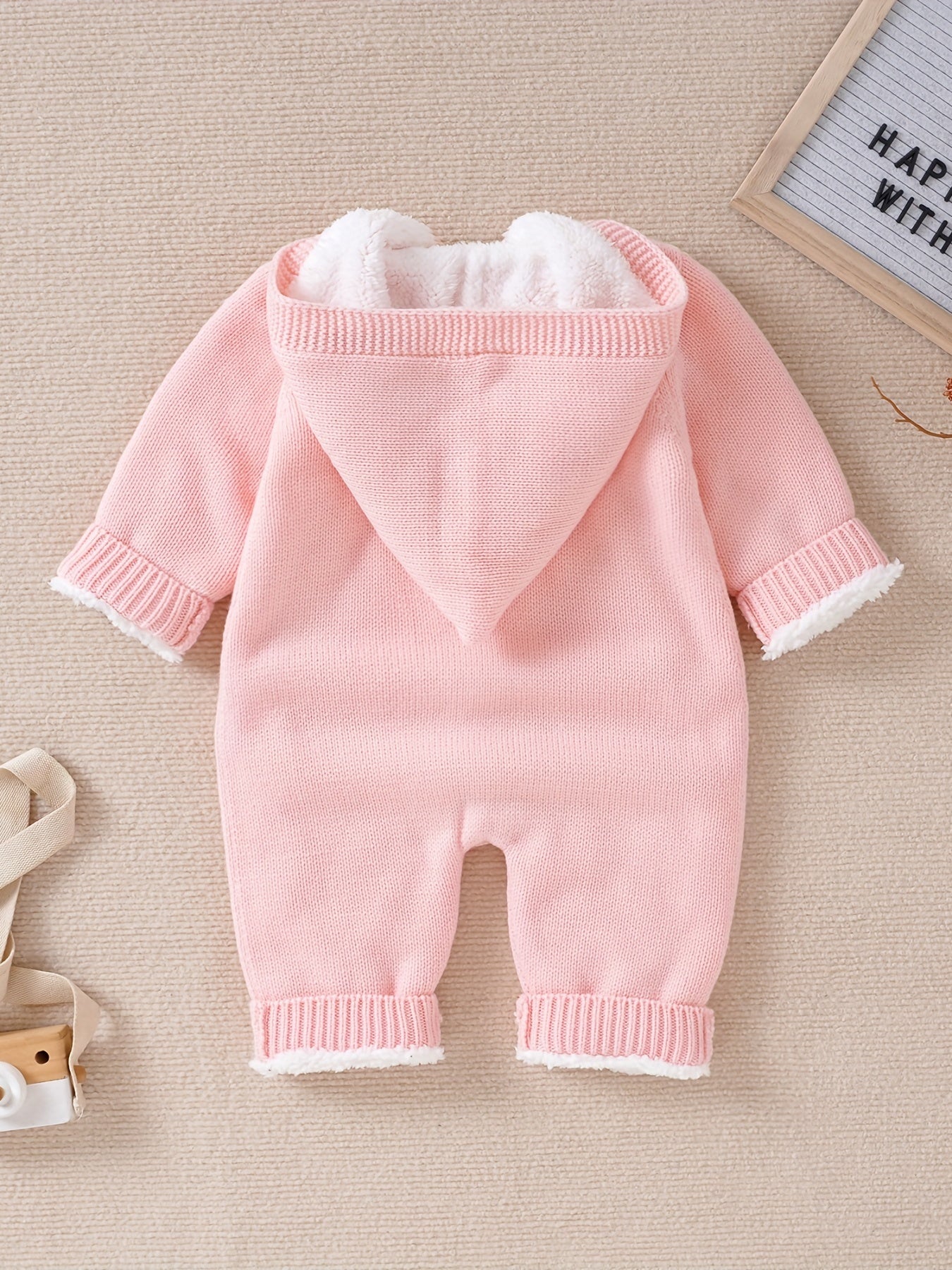 Newborn Baby Knitted Jumpsuit with Long Sleeves and Hooded Pants