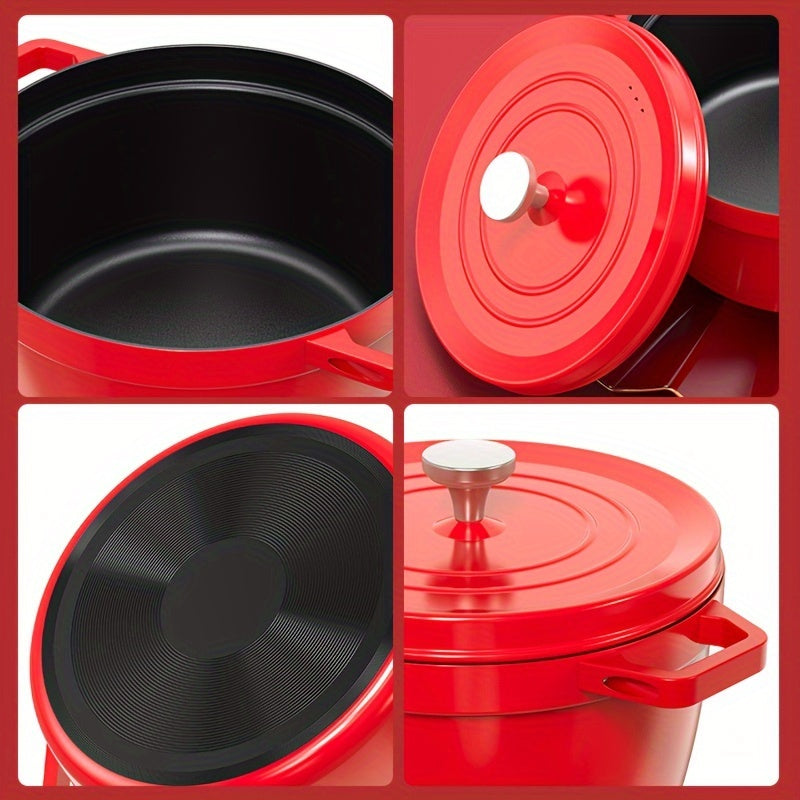 Red Cast Iron Stockpot 4L with Lid for Broth Stew and Cooking 24cm Compatible with Gas and Induction
