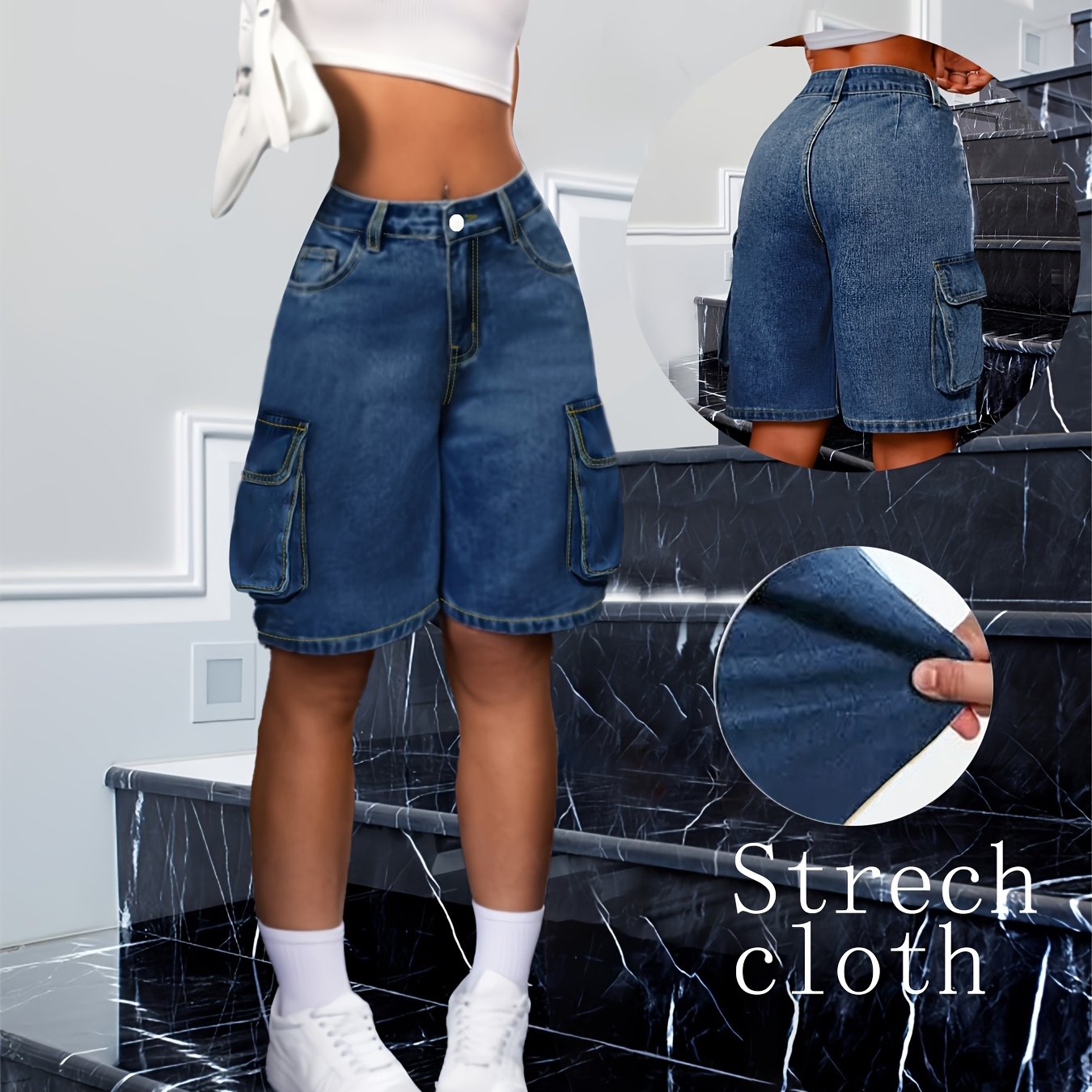 Shorts de mezclilla para mujer casuales hasta la rodilla estilo retro Bermuda