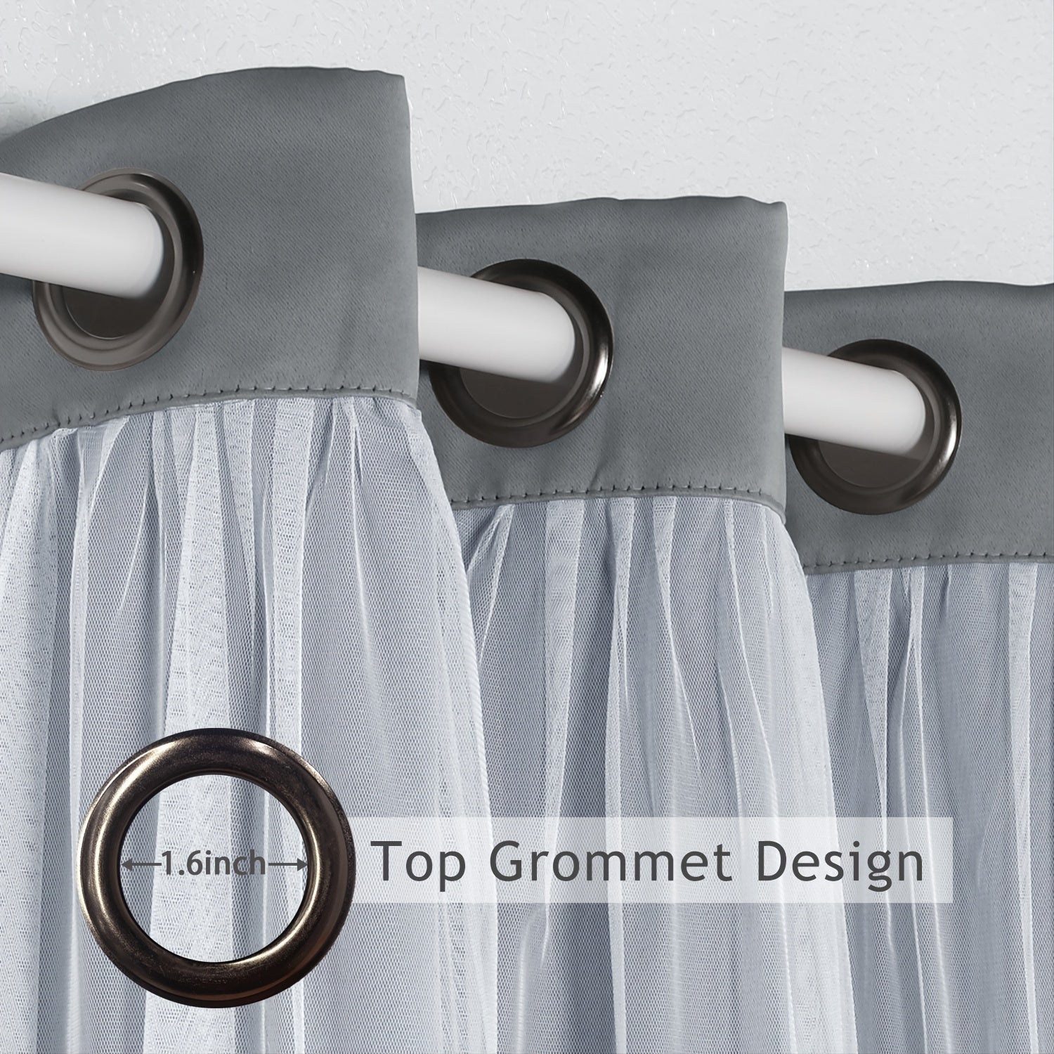 Grey Blackout Curtains with White Sheer Voile Double Layer Grommet Bedroom Window Treatment