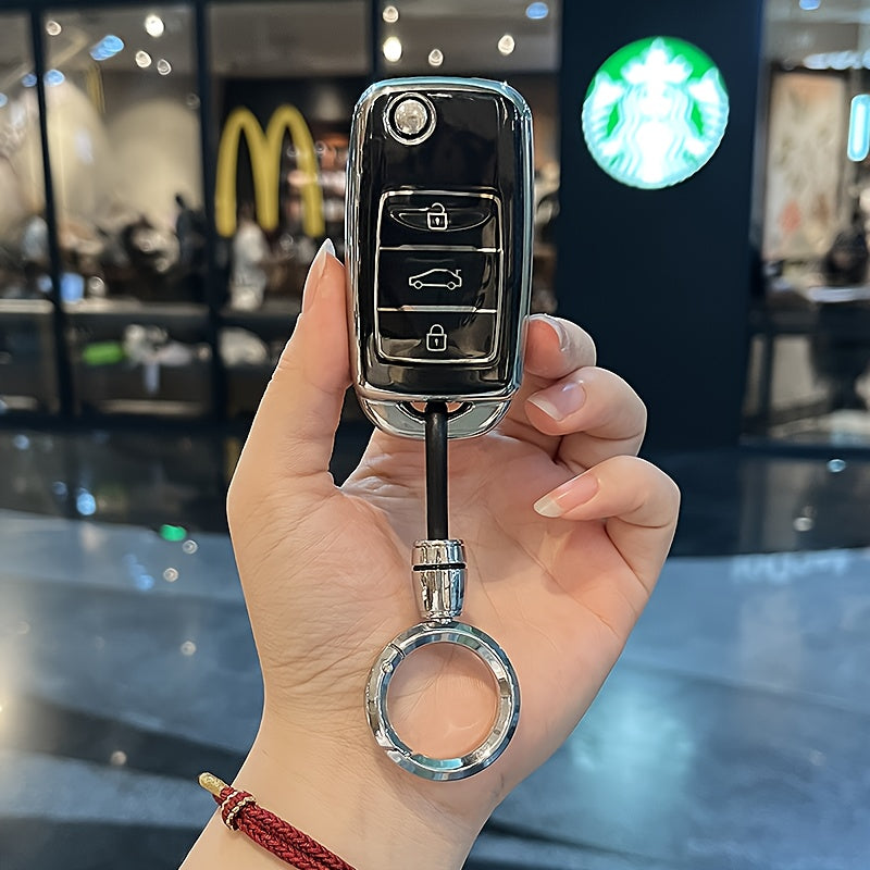 Universal TPU Car Key Cover Protector with Diamond Woven Keychain Black