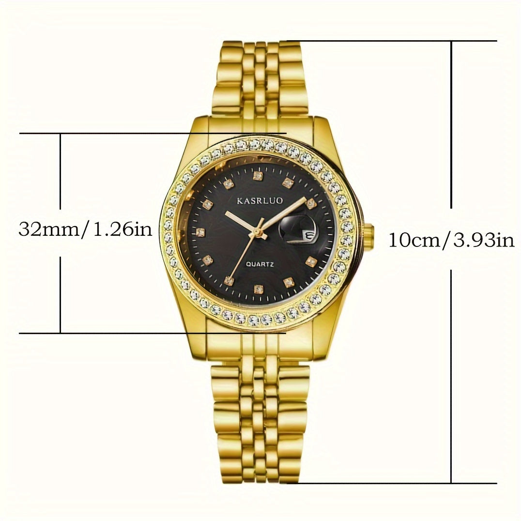 Women's Rhinestone Quartz Watch with Moon-Phase Calendar and Stainless Steel Band