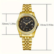 Women's Rhinestone Quartz Watch with Moon-Phase Calendar and Stainless Steel Band