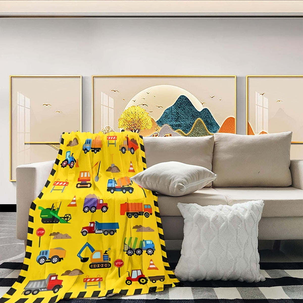 Construction Truck Blanket Plush Flannel Cozy Excavator Dump Truck Soft Lightweight All-Season Polyester