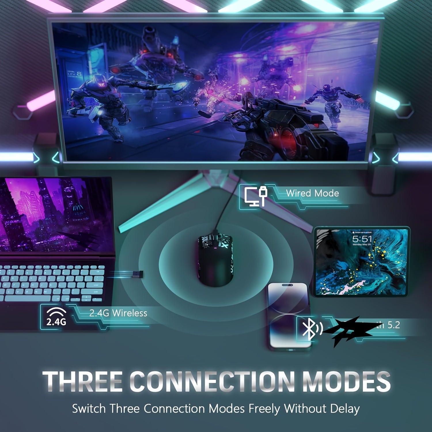 Attack Shark X11 - bu RGB zaryadlash bazasi, Tri-rejim 2.4G/USB-C simli/BT, 22K DPI, PAW3311 Optik Sensor, HUYU Switch, 5 ta dasturlashtiriladigan tugmachalari bo'lgan engil simsiz o'yin sichqonchasi. Mos keladi.