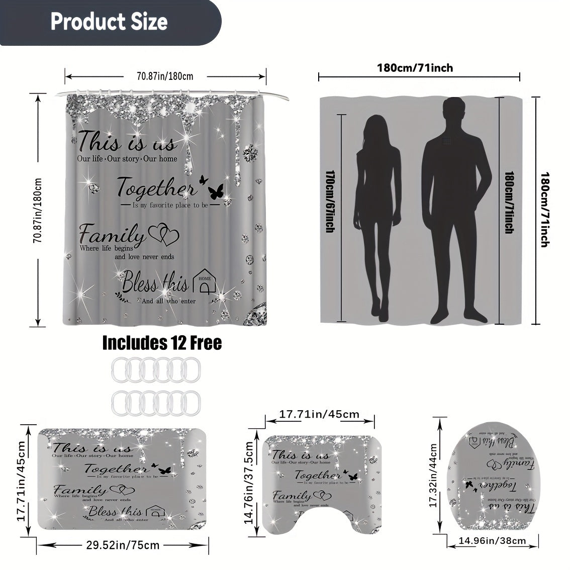 Set of 4 Gray Shower Curtains with Diamond Letter Print Bath Mats Non-Slip Carpet Toilet Lid Cover Bathtub Partition