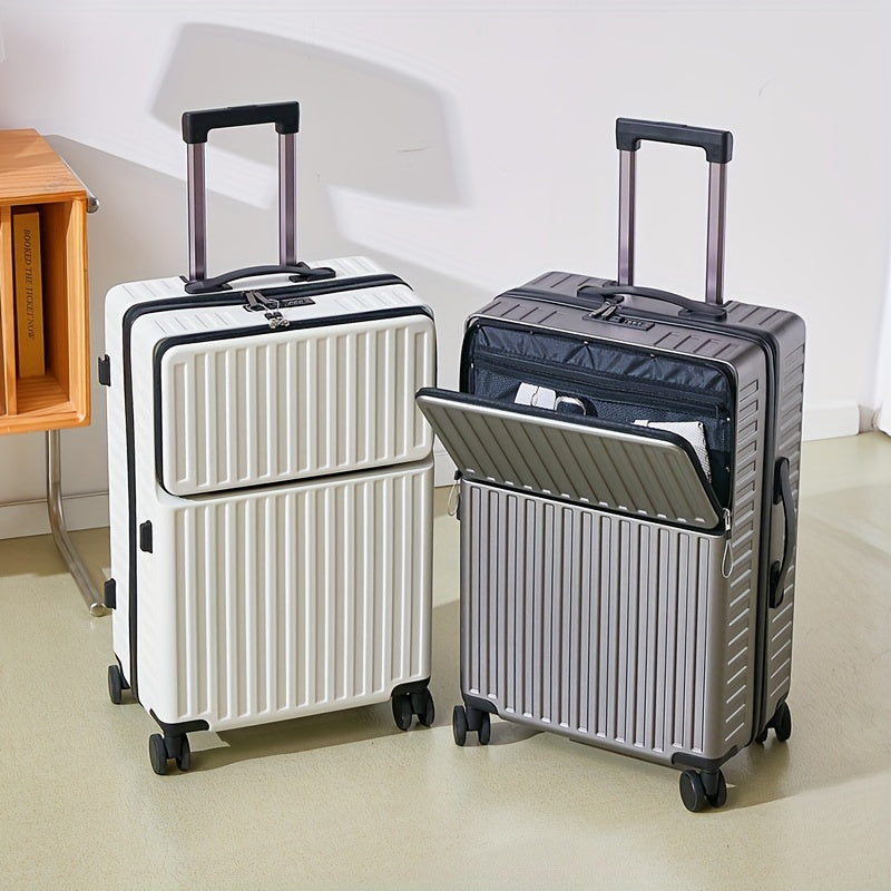 White 20 Inch Spinner Trolley Suitcase with Zippered Front Pocket and Telescopic Handle
