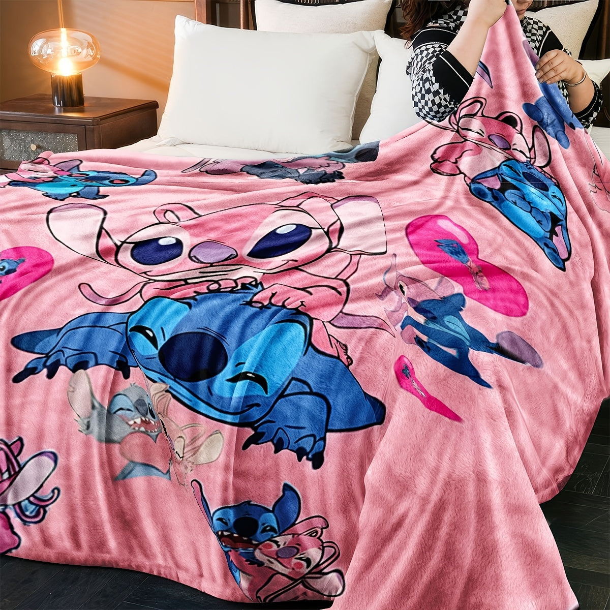 Pink Heart Stitch Cartoon Blanket Multi-Functional Knit Polyester Throw for Bedroom Couch Car