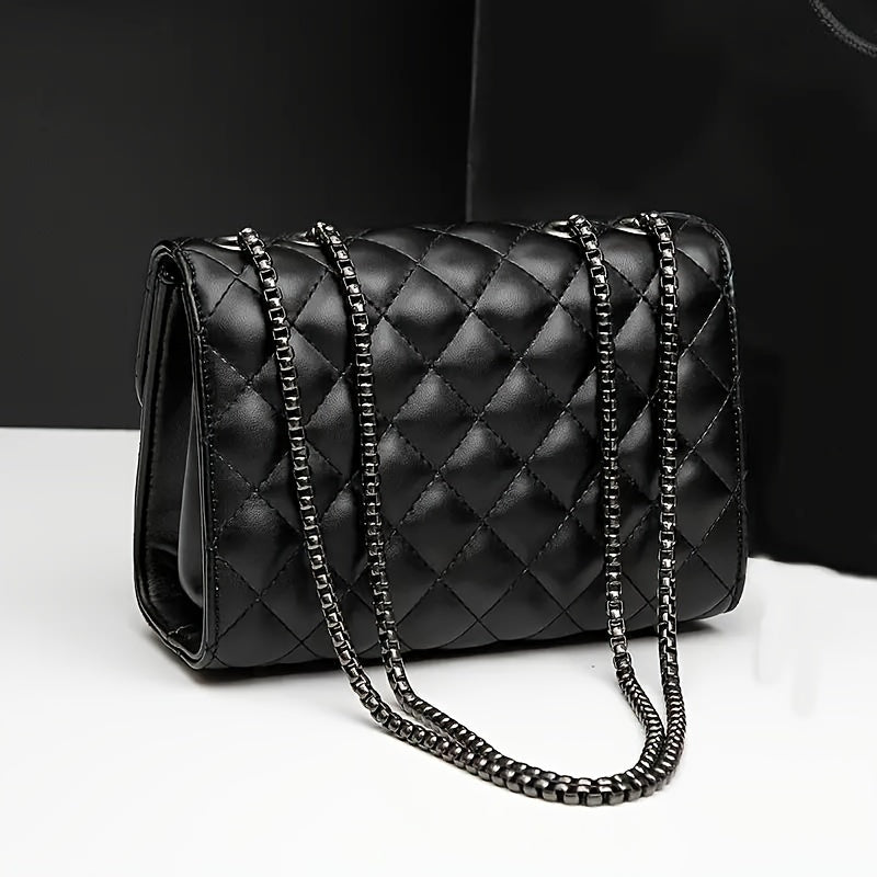 Black Faux Leather Crossbody Bag with Chain Strap for Women