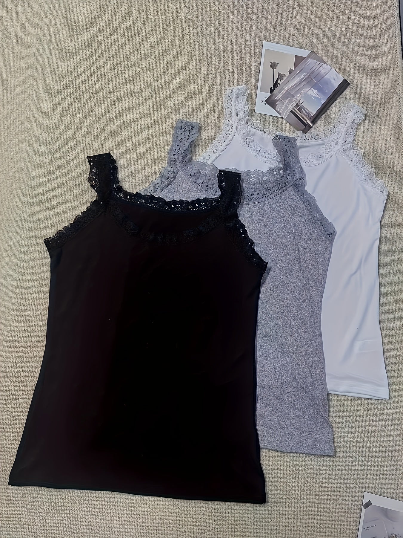 Pack de 3 camisetas sin mangas con encaje para mujer, casuales para todas las estaciones, negro, gris, blanco