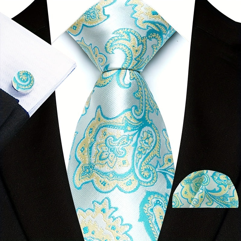 Men's Gold Paisley Three-Piece Suit Set with Tie and Pocket Square