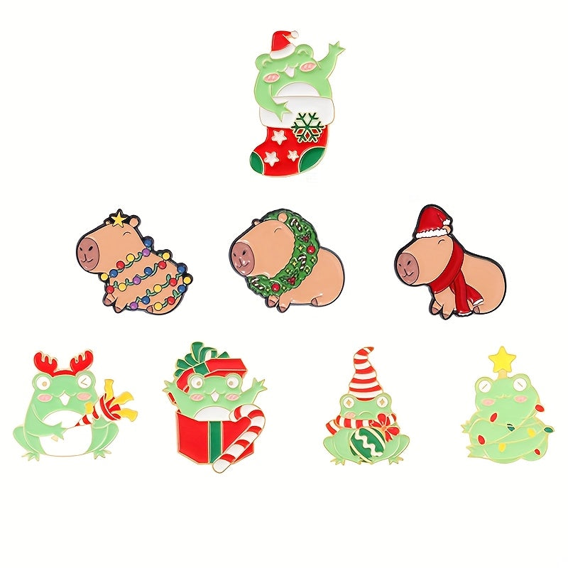 8-Piece Christmas Frog and Capybara Enamel Pin Set for Bags and Decor
