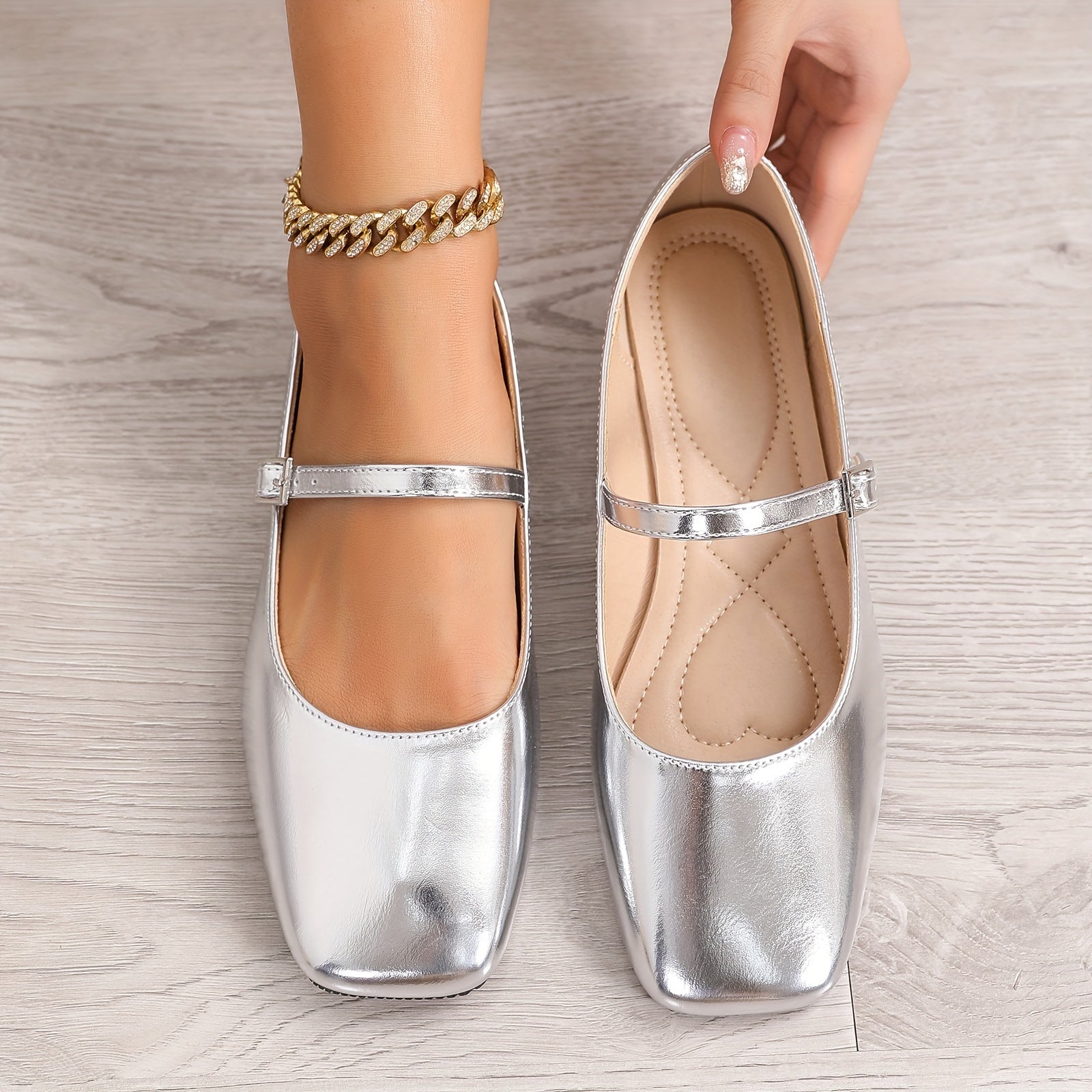 Women's Retro Square Toe Mary Jane Flats with Buckle Silver Spring Summer
