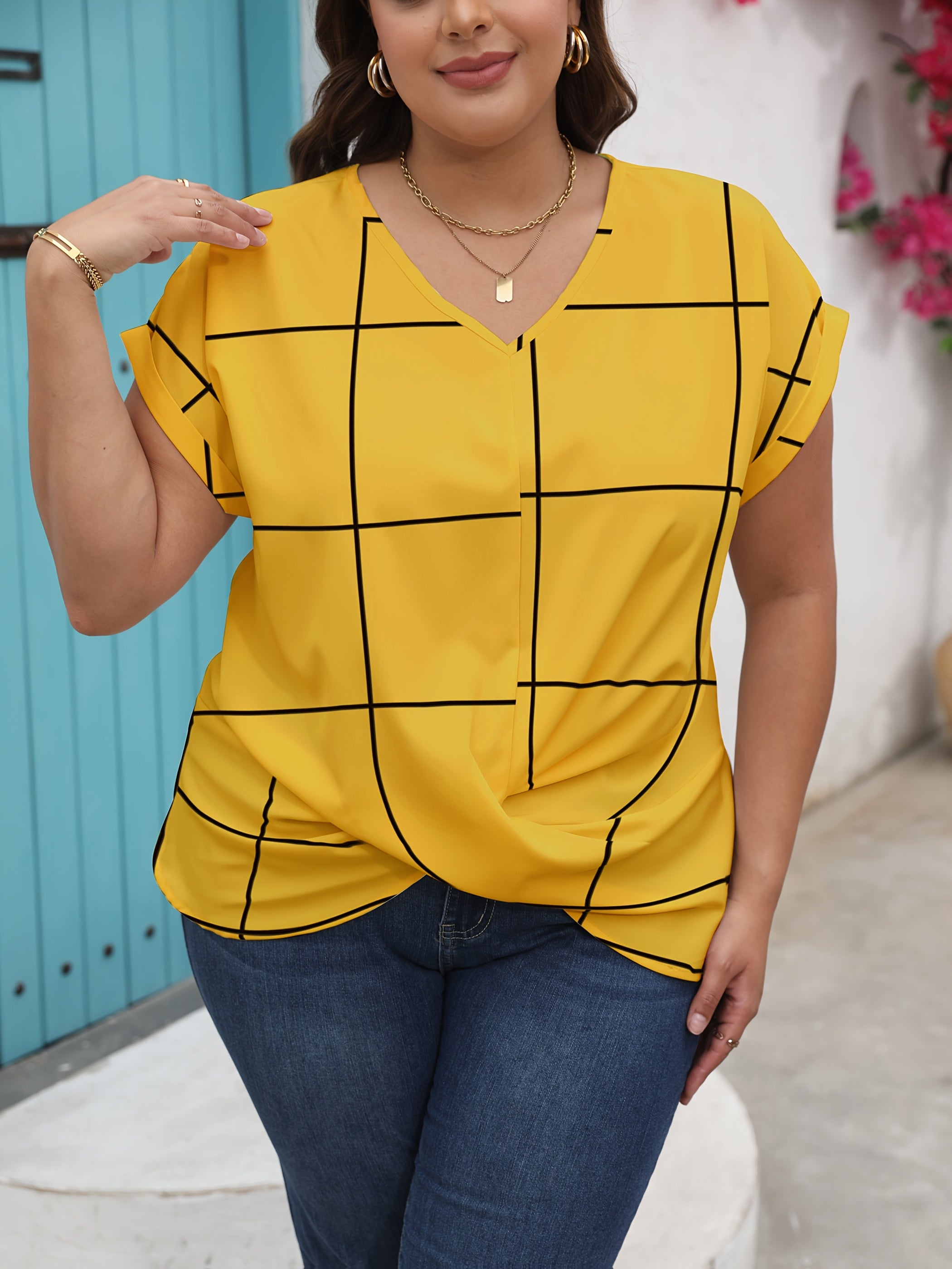 Plus Size Women's V-Neck Blouse Twist Front Lightweight Casual Top Yellow
