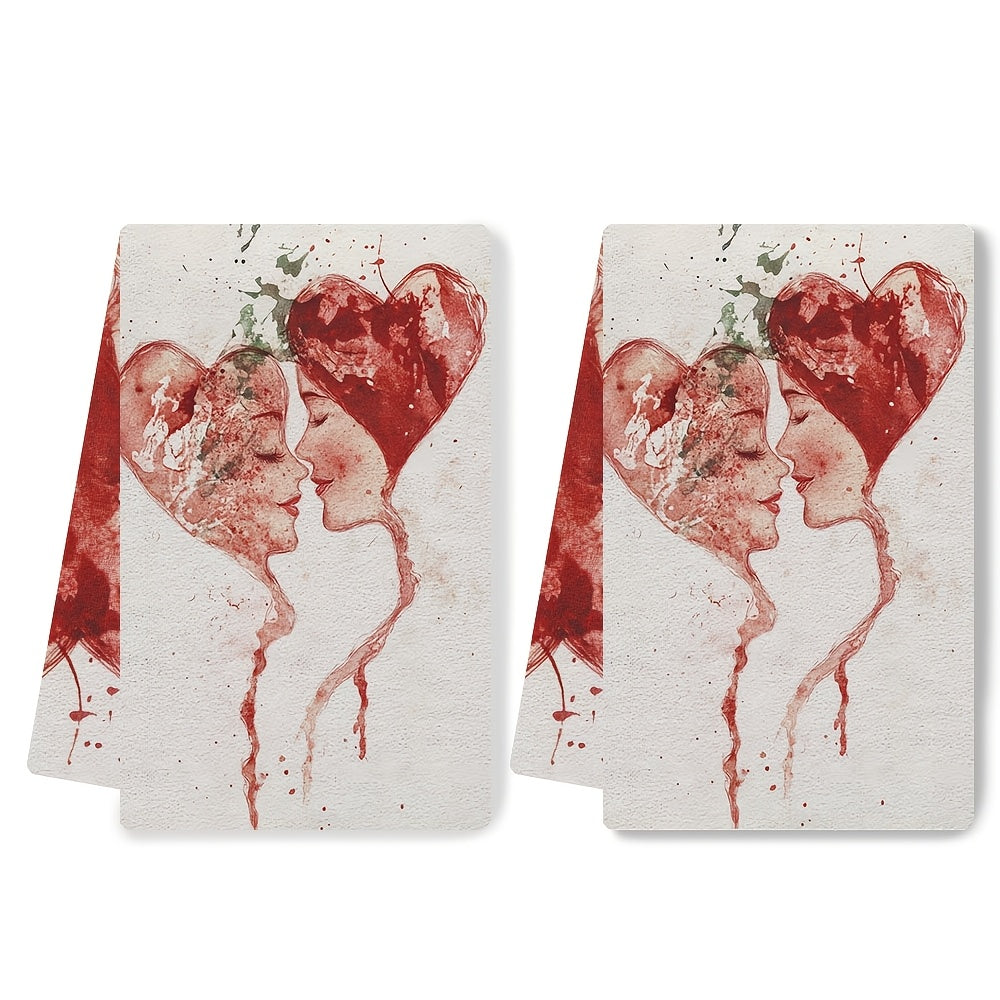 Valentine's Day Kitchen Towels Set 2 Pieces Absorbent Red White Splatter Art