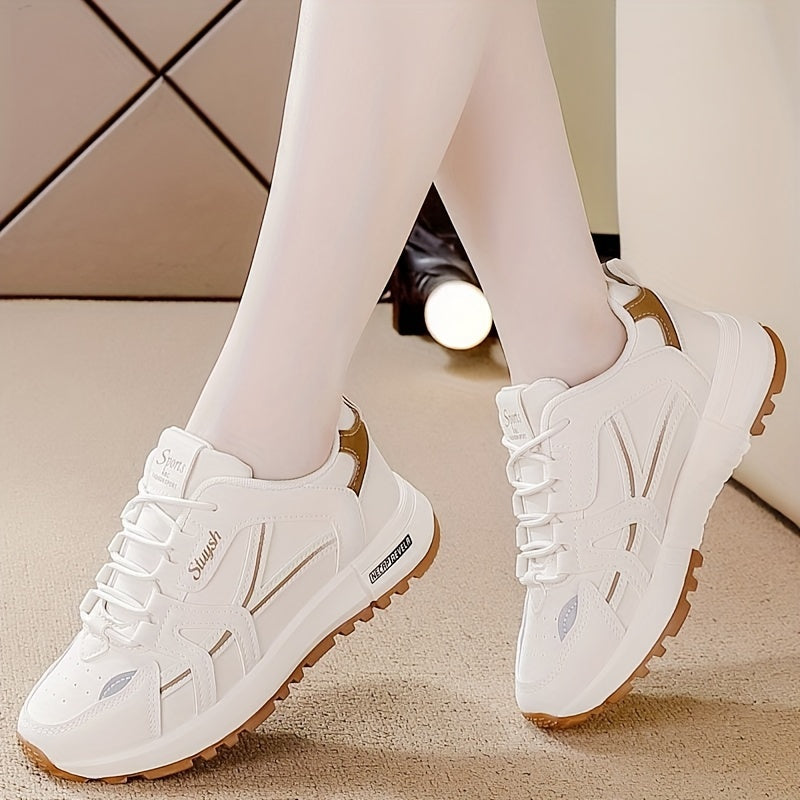 Women's Lightweight Casual Sneakers Low Top Solid Color Lace-Up Running Shoes with Rubber Sole