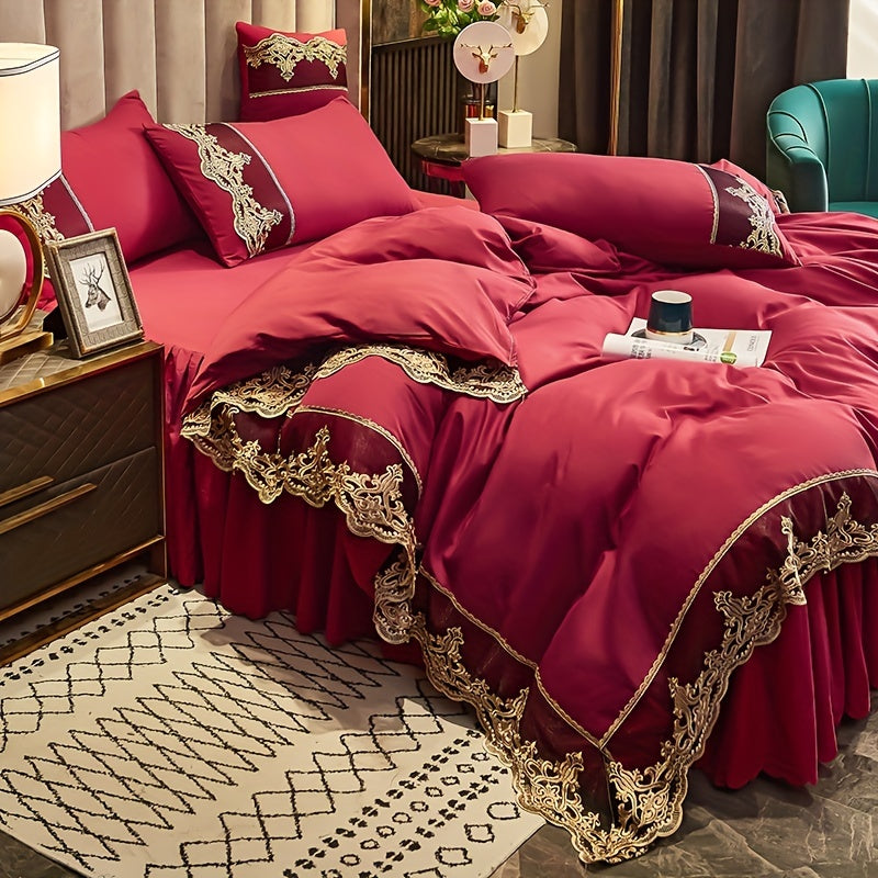 Luxury Red Lace Duvet Cover Set with Pillowcases for Bedroom or Guest Room