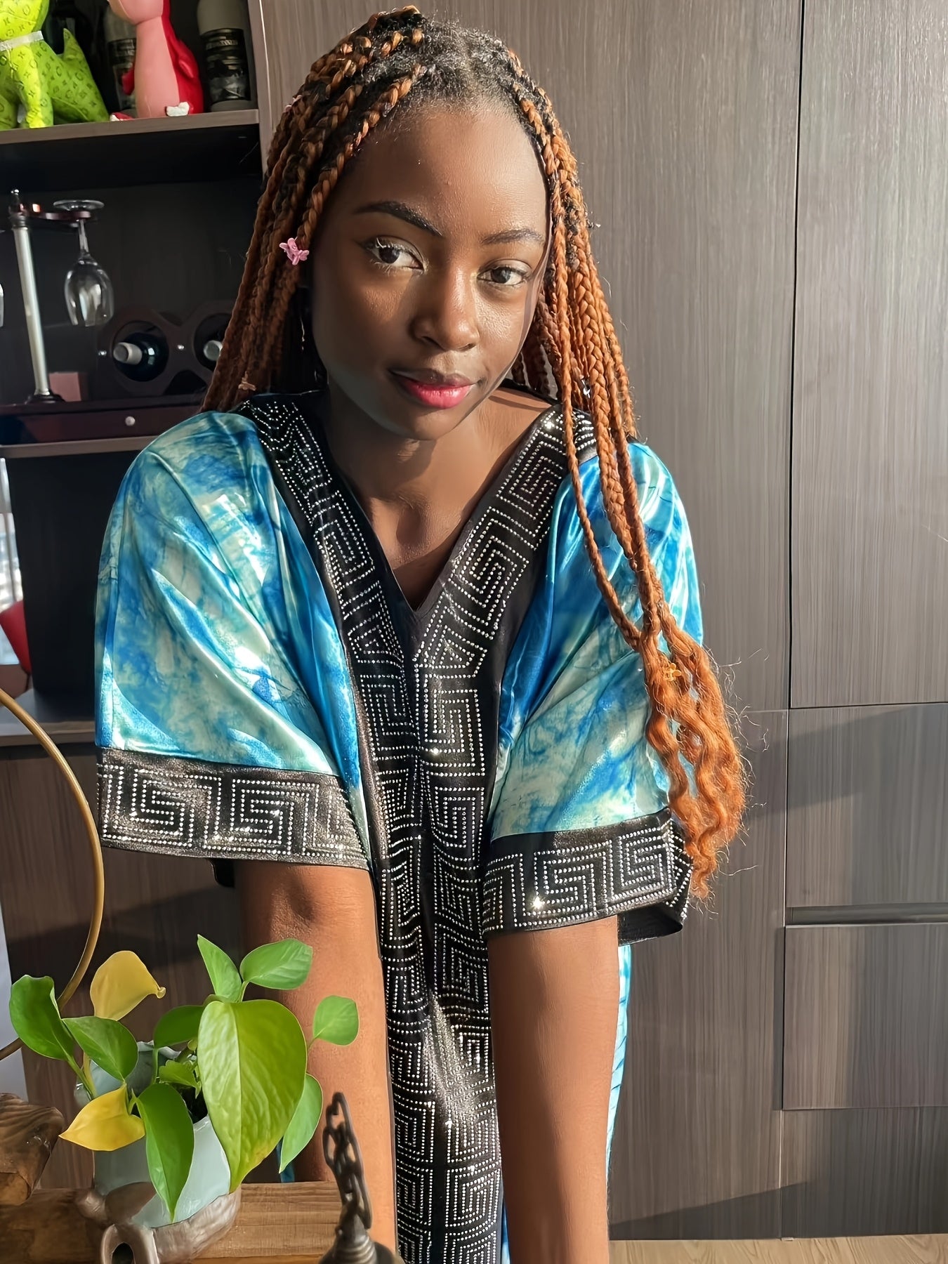 Women's Plus Size Turkish Kaftan Robe Long Dress with Rhinestones