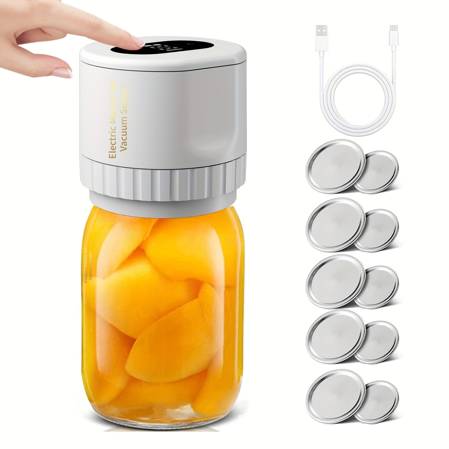 TrueBright Mason Jar Vacuum Sealer USB bilan qayta to'ldiriladigan litiy batareyaga ega. keng va odatiy og'izli bankalar uchun mos, ishlash kuchlanishi ≤36V.
