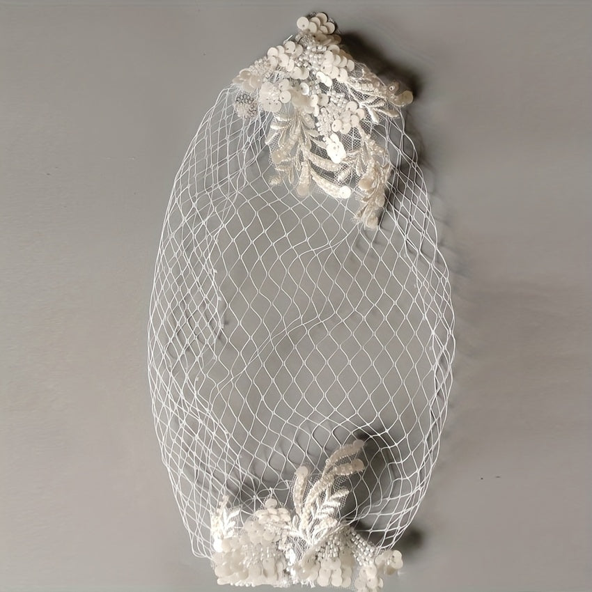 Vintage Lace Veil with Hand-Sewn Grid Design for Weddings and Photoshoots