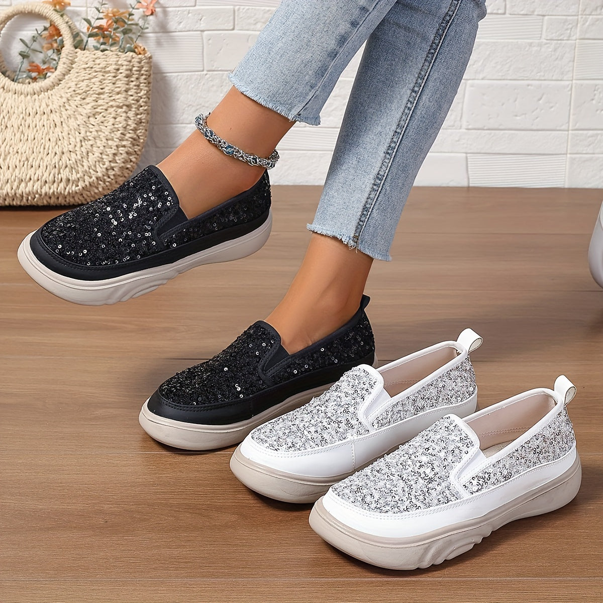 Women's Sequin Embellished Loafers Black White Casual Breathable Shoes