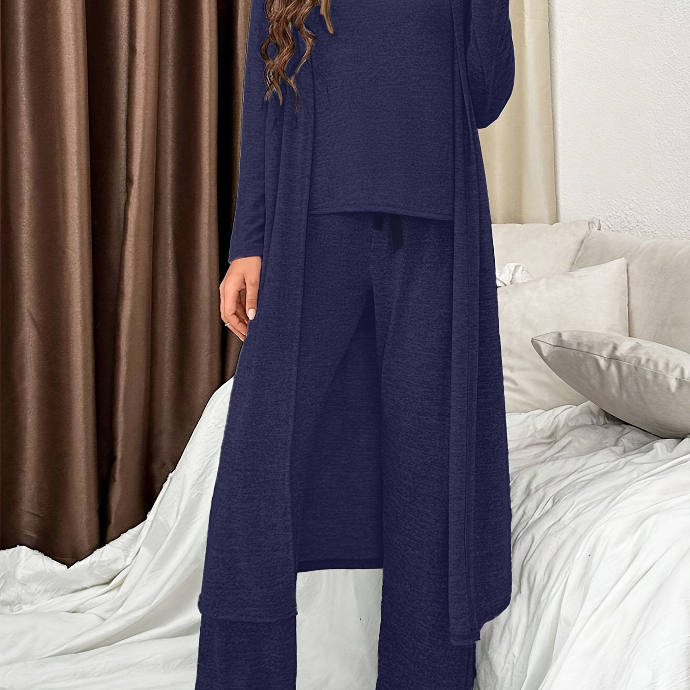 Heather Gray 3-Piece Loungewear Set V-Neck Cardigan Knit T-Shirt Joggers with Bow Fall Winter