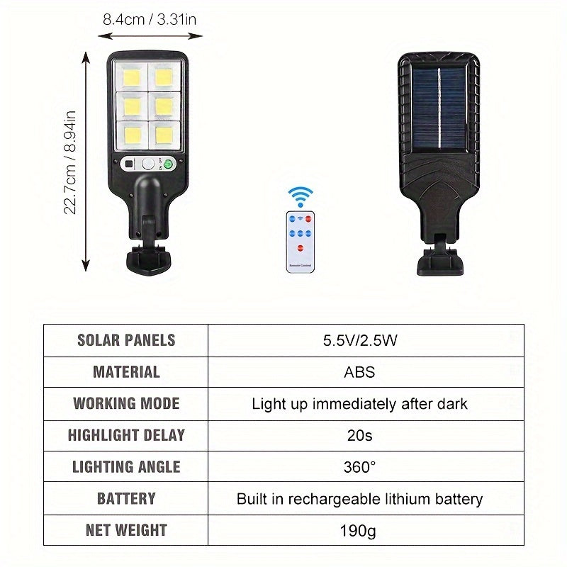Solar-Powered LED Street Light with Motion Sensor Remote Control 3 Modes Adjustable Brightness