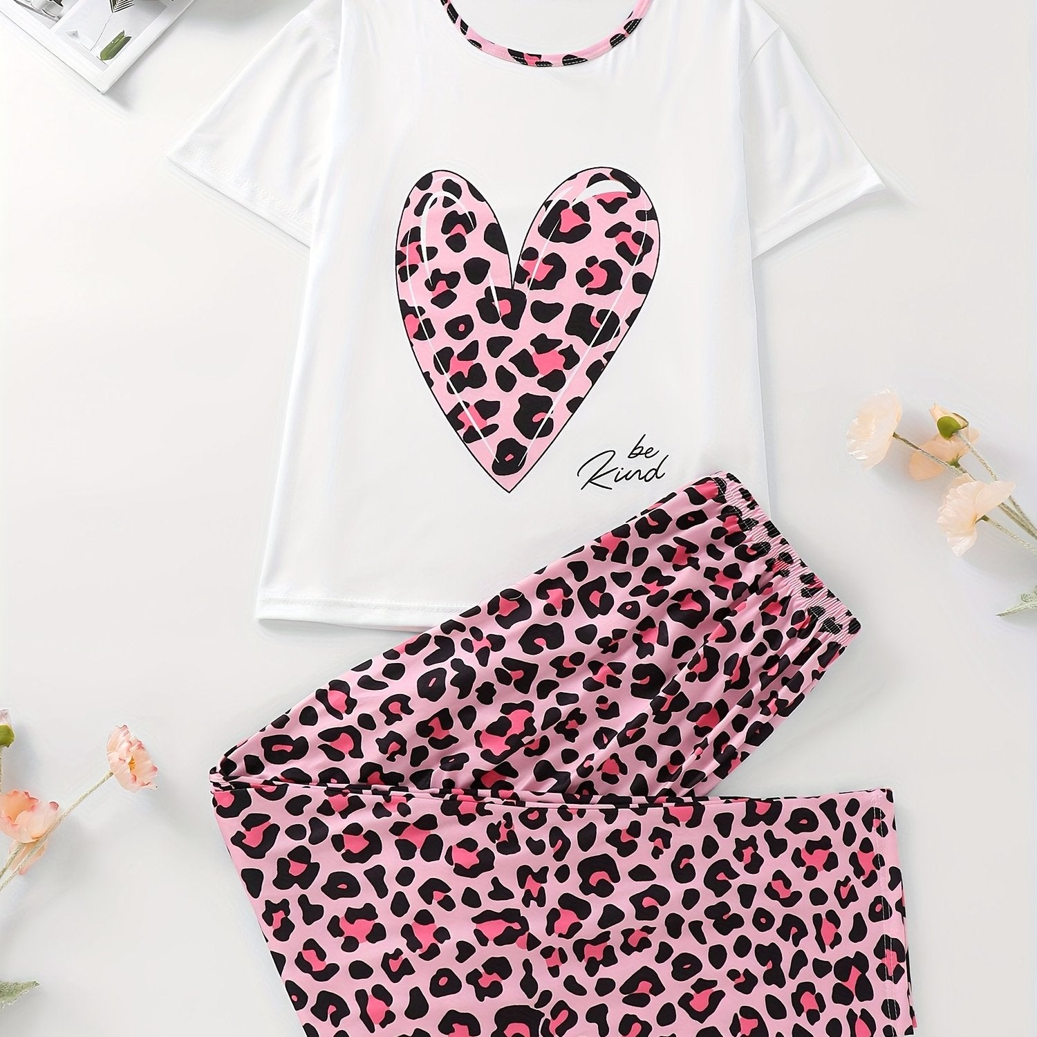 Women's Valentine's Day Leopard Heart Print Pajama Set Short Sleeve Top Elastic Pants
