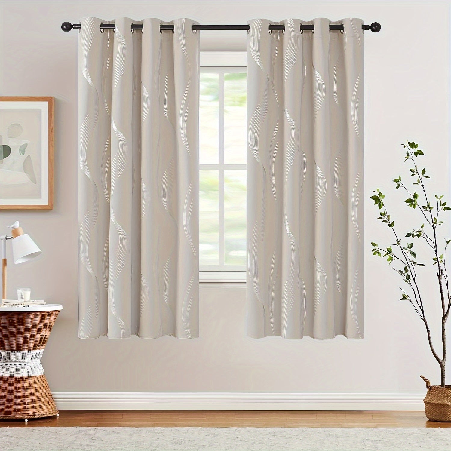Contemporary Blackout Curtains 2 Pieces Woven Polyester Grommet Top Room Darkening