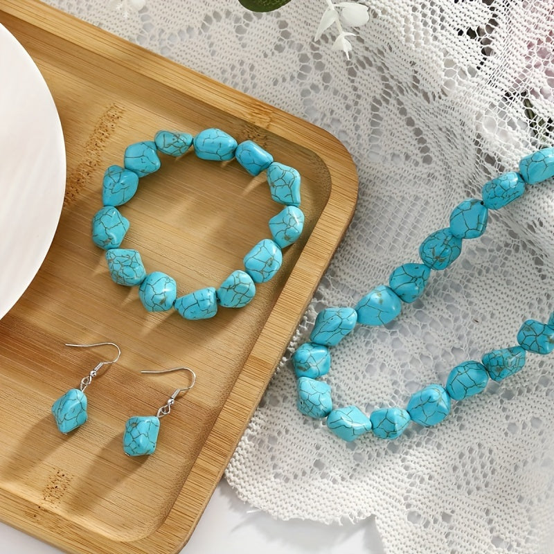 Ayollar uchun turkuaz bejewellery to'plami Boho Chic taqinchoq, bilaguzuk, sirg'alar, tabiiy tosh