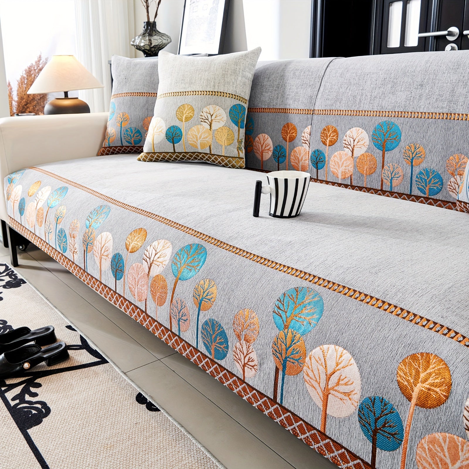 Chenille Sofa Cover with Tree Embroidery Pet-Friendly Slip-Resistant Easy to Clean Fits Various Sofa Sizes for Living Room and Home Decor