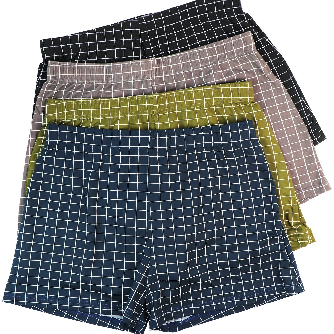 Men's 4-Pack Plaid Print Loose Fit Underwear Polyester Spandex Shorties