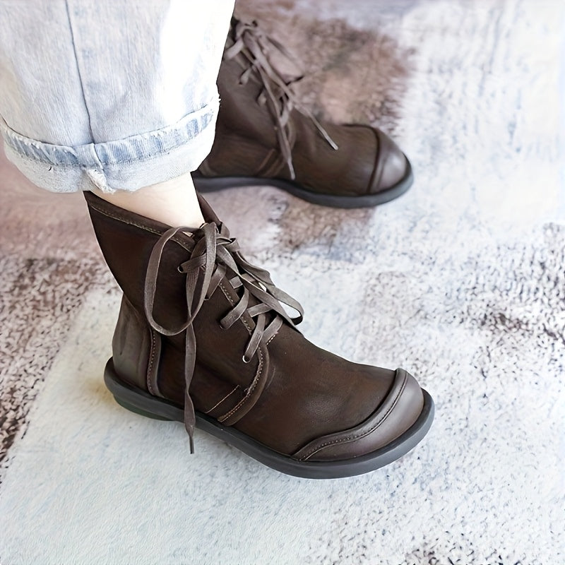 Women Leather Ankle Boots Casual Lace-Up Rubber Sole Winter Solid Color