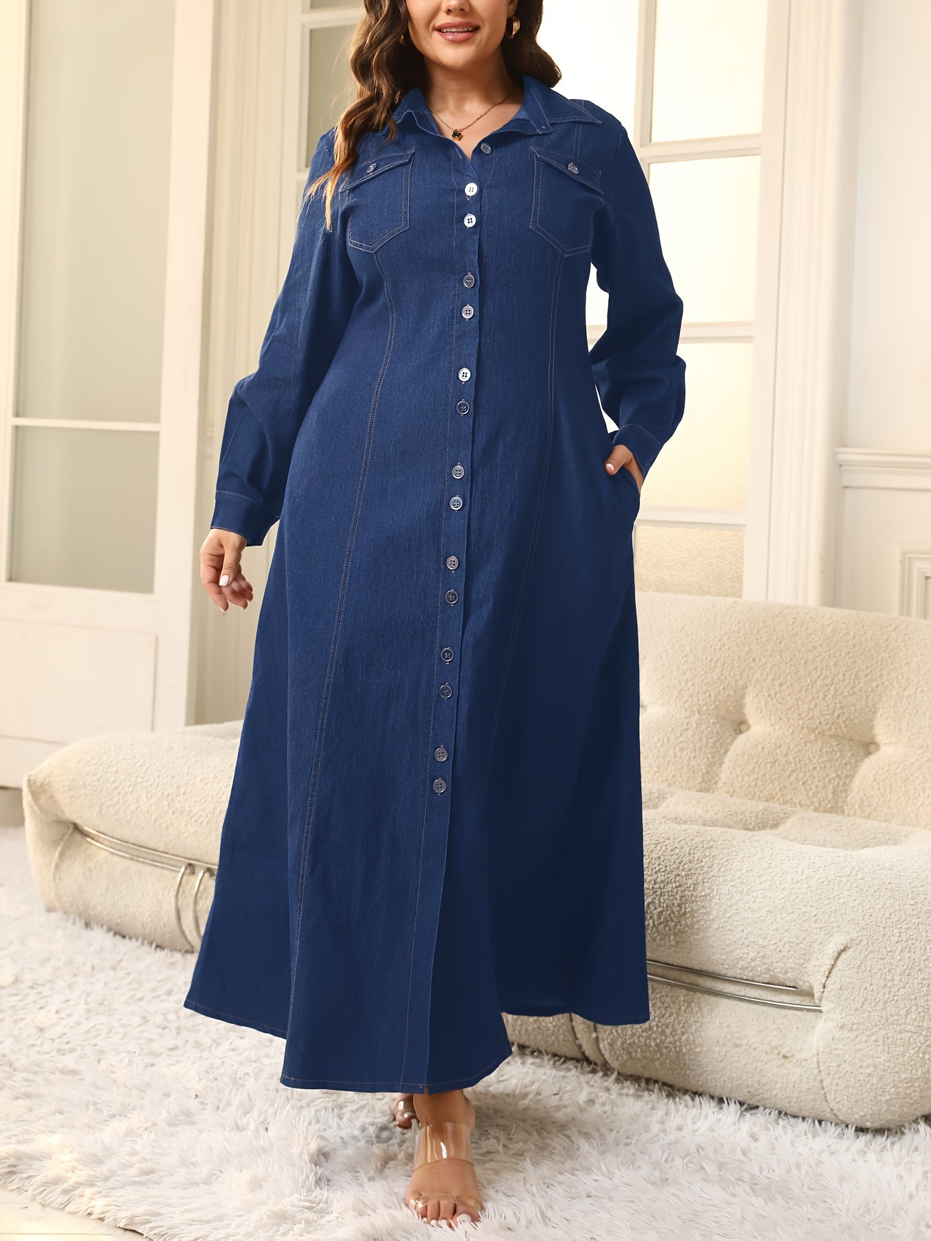 Women's Denim Dress V-Neck Fitted Long Sleeve Solid Color All Seasons