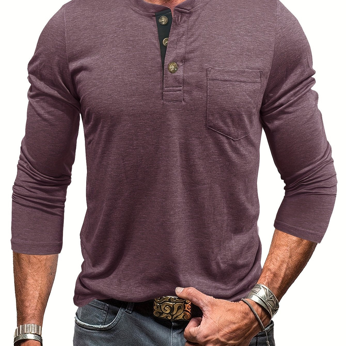 Men's Olive Green Henley Shirt Big & Tall Casual Long Sleeve Stretch
