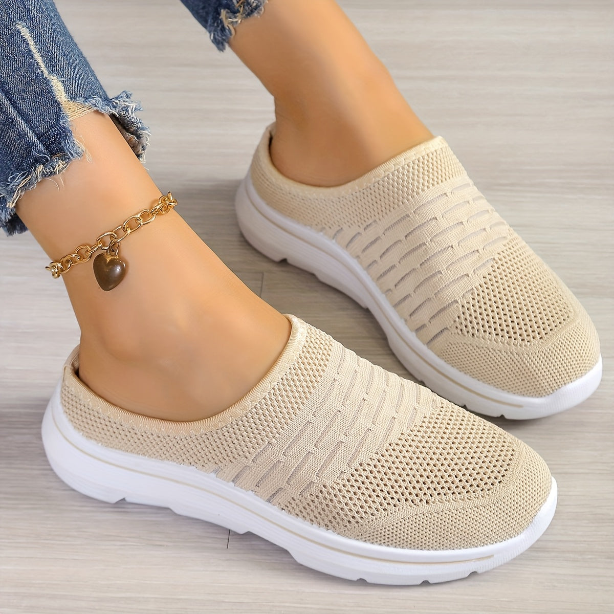 Ayollar uchun nafas oladigan trikotaj mules slip-on platform poyabzal, bej, dengiz, pushti, kulrang