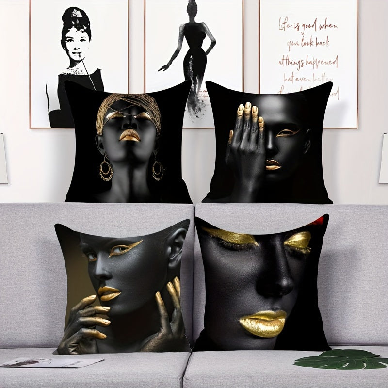 African American Woman Throw Pillow Cover Black and Gold 45 Inch Decorative Cushion