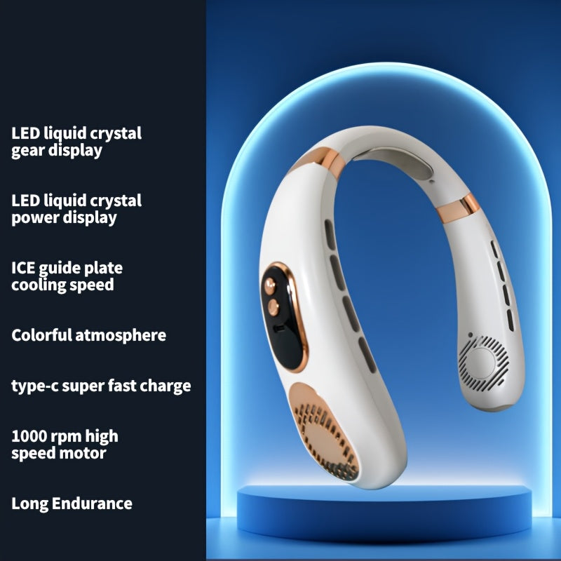 Portable Neck Fan with 7-Color LED Lights, Dual Turbo Outlets, 5-Speed