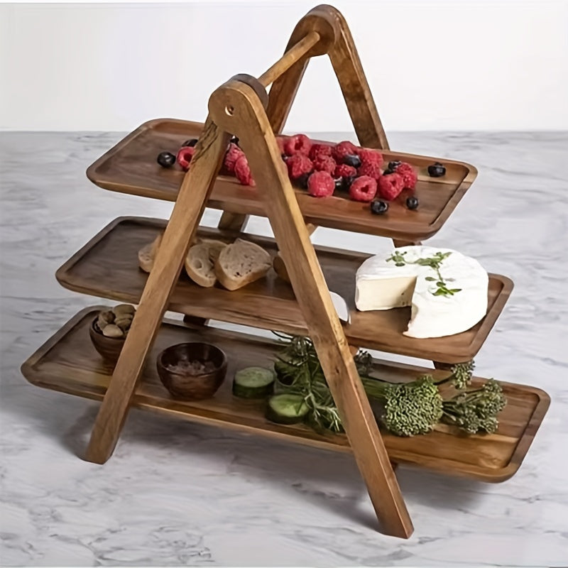 3-Tier Acacia Hardwood Serving Tray for Kitchen Organization Buffet Display