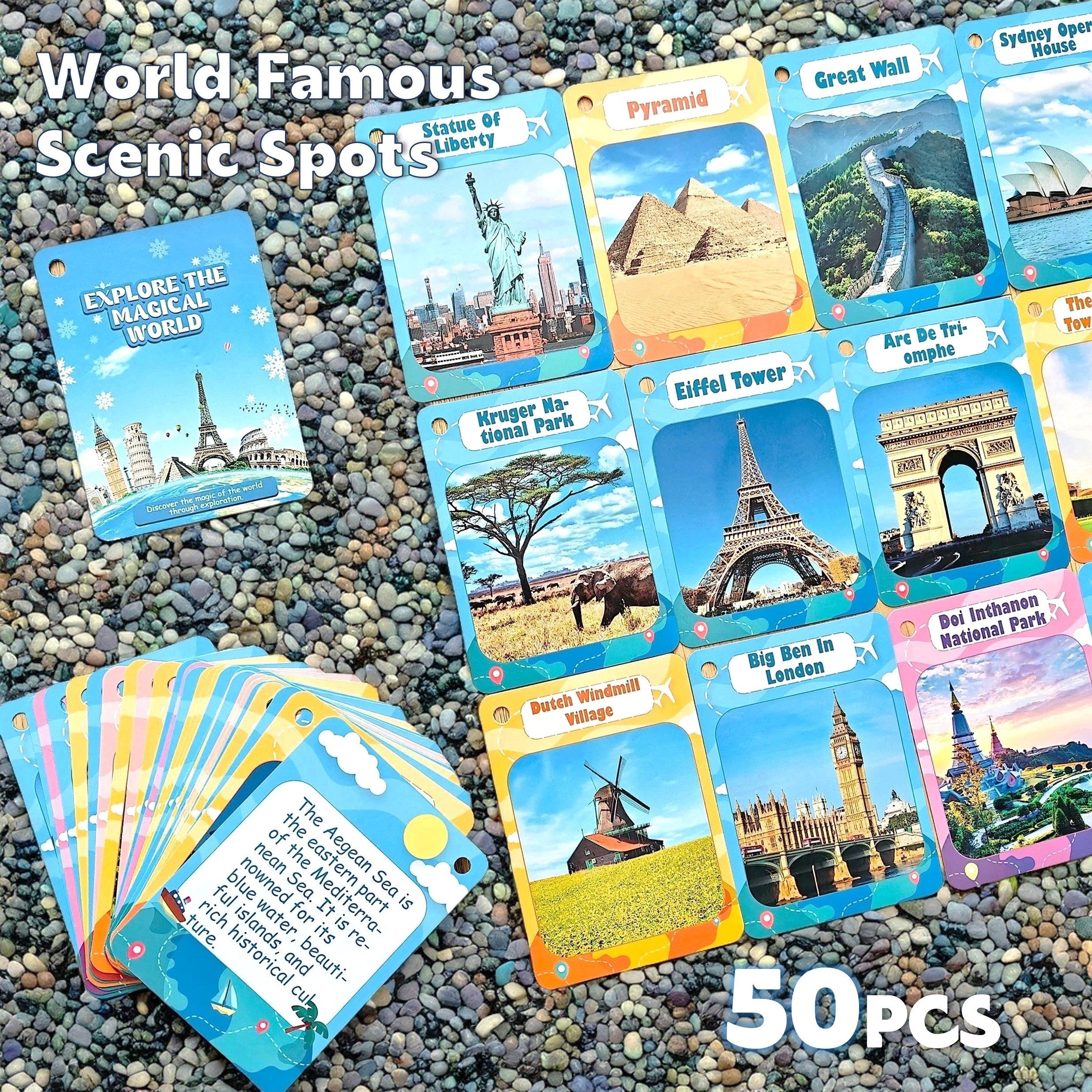 Educational Flash Cards for Kids 50 World Landmarks Puzzle Game in Mixed Colors