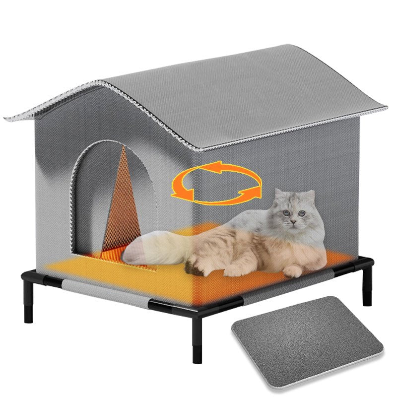 Outdoor Cat House Oxford Cloth Insulated Weatherproof Shelter with Raised Stand and Double-Sided Mat