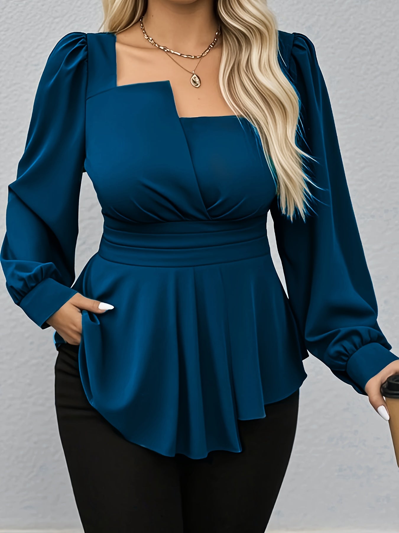 Plus Size Womens Teal Square Neck Long Sleeve Blouse Casual Formal