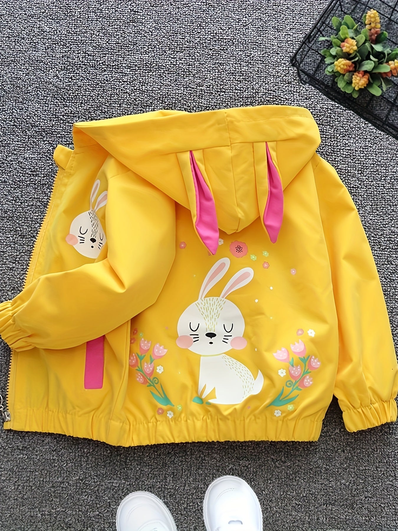 Girls' Hooded Coat with Rabbit and Flower Design for Spring and Fall Outdoor Activities