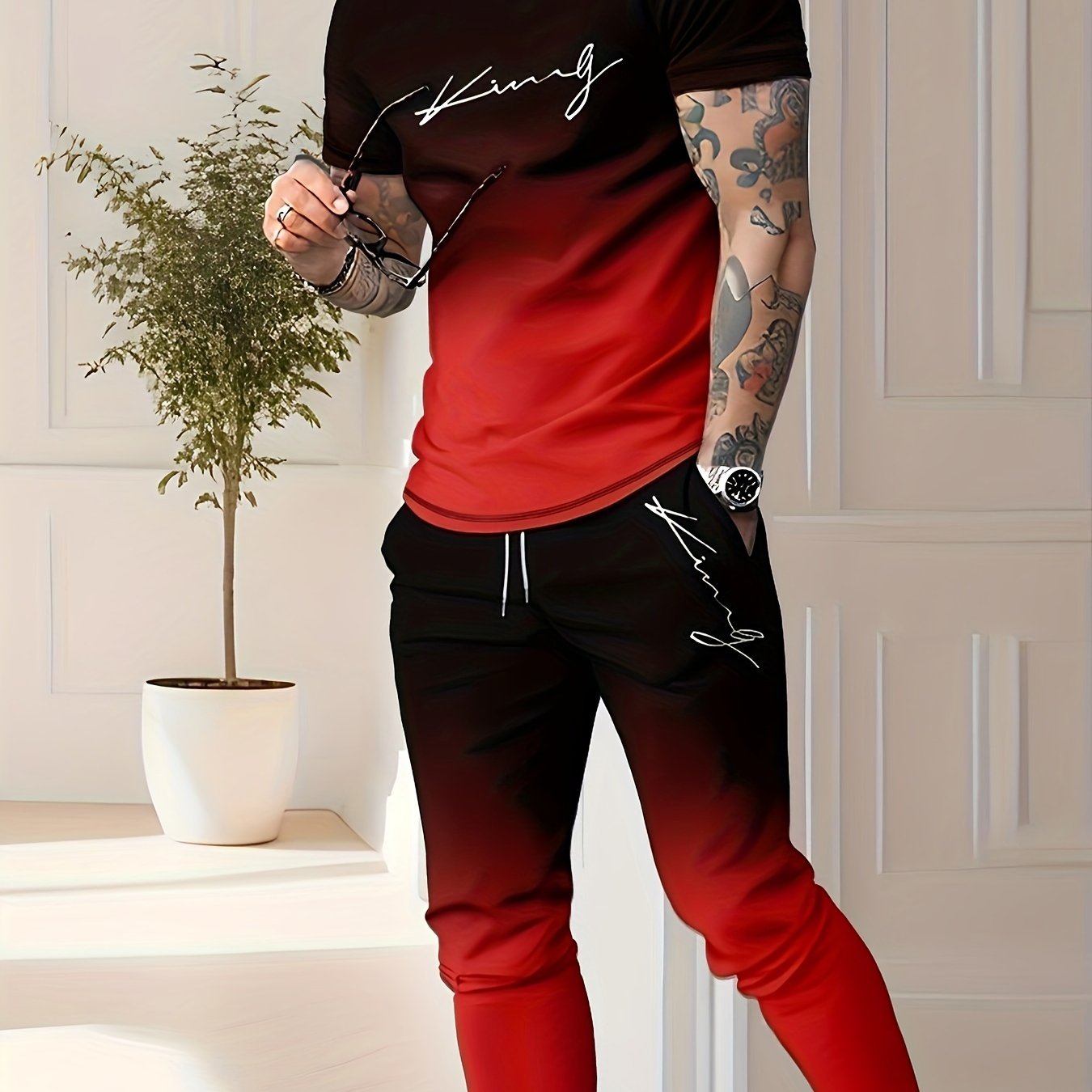 Men's Casual 3D Printed Sports Two Piece Set Polyester Geometric Pattern