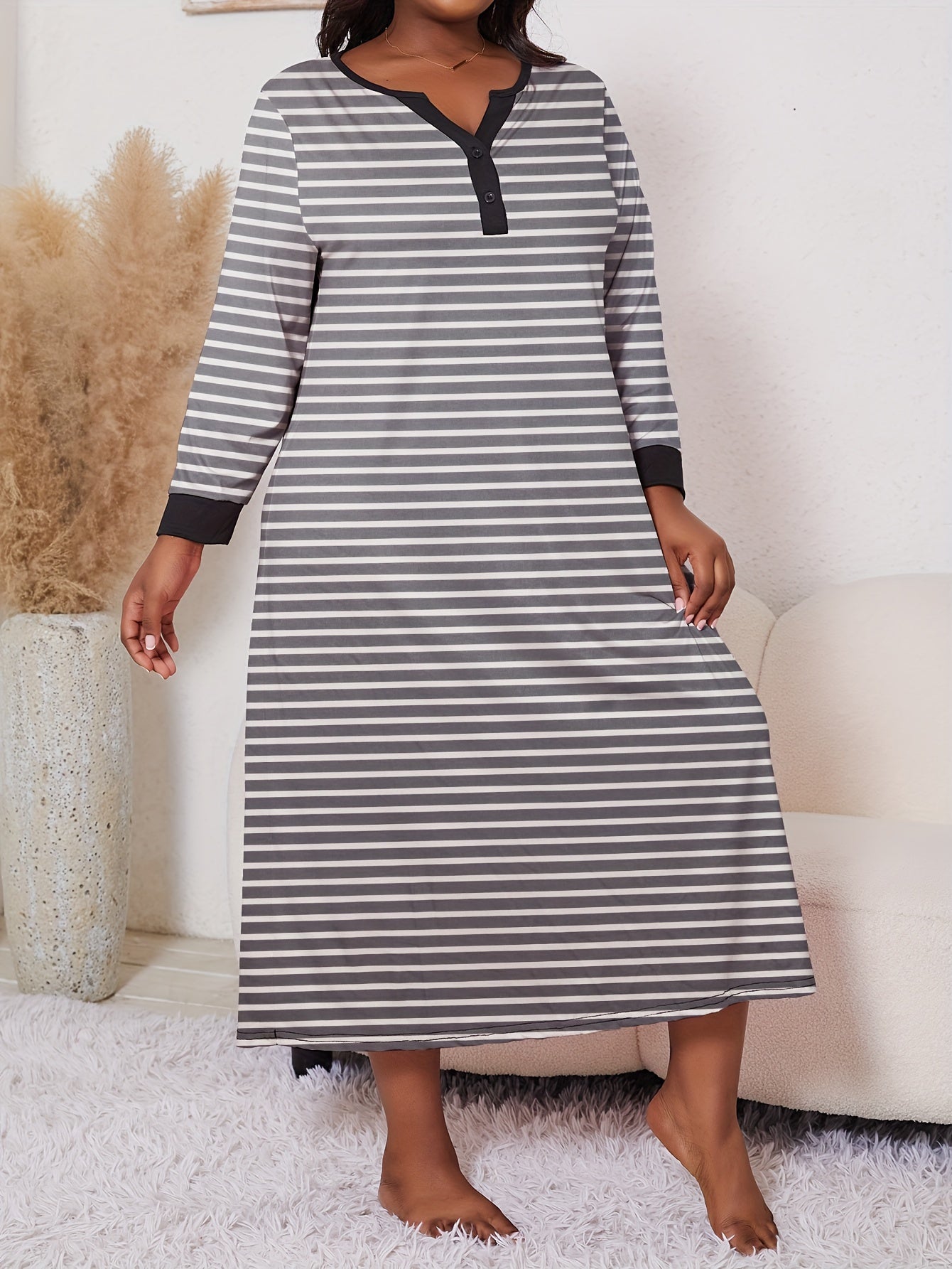 Women's Plus Size Heart Print Long Sleeve Sleep Dress for Fall Winter