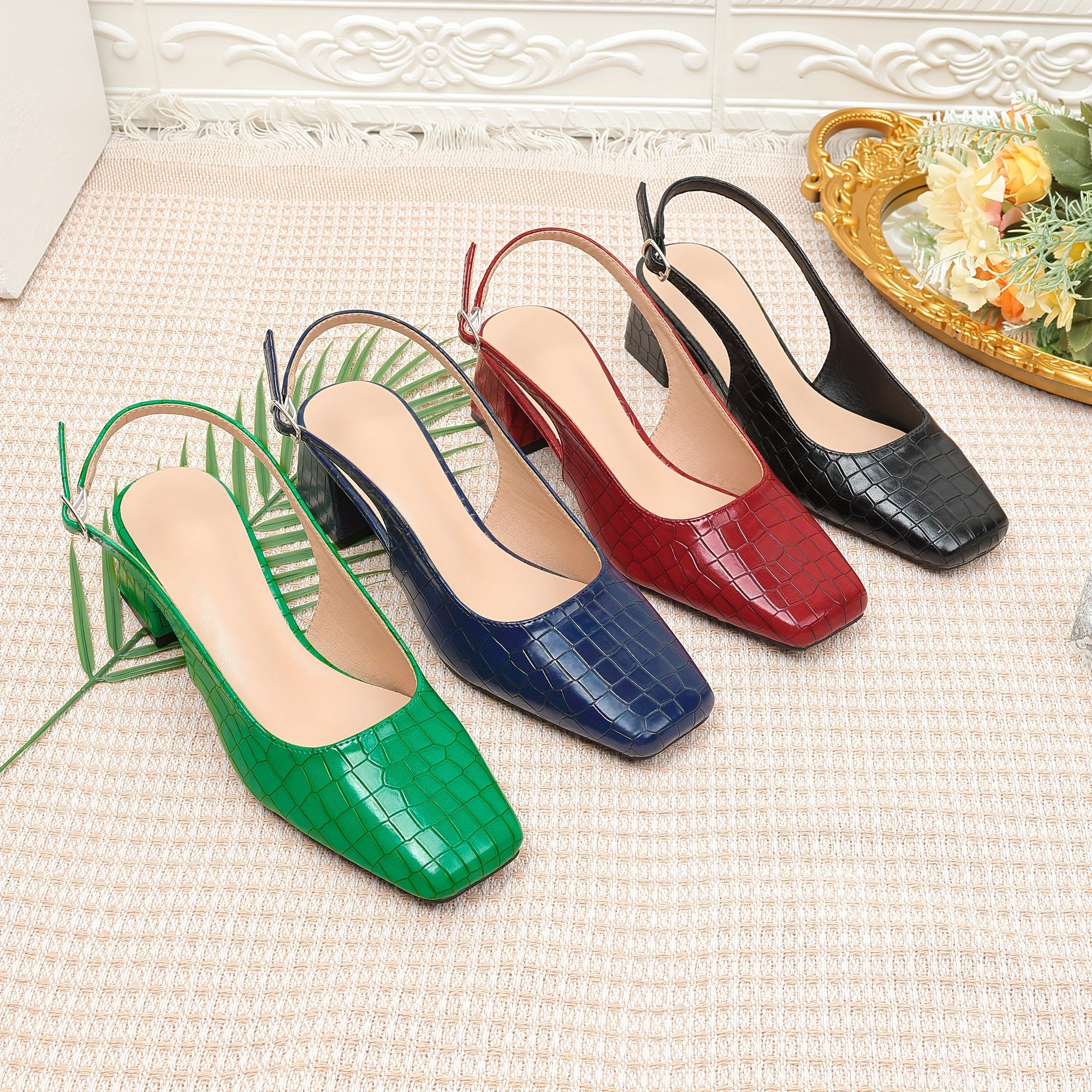 Women's Square Toe Pumps Faux Leather Crocodile Pattern Chunky Heel Dress Shoes