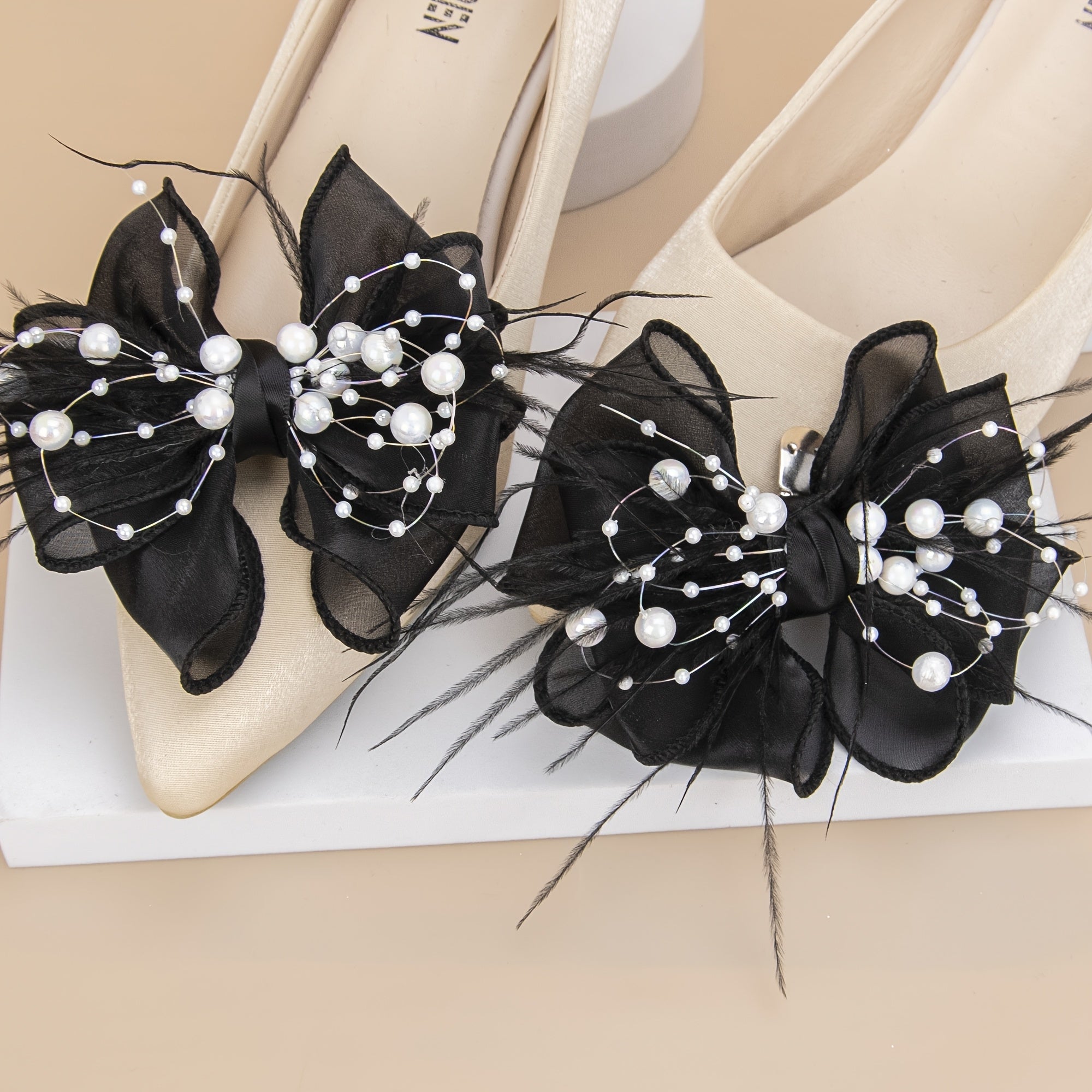 Women Polyester Mesh Bowknot Shoe Clips Beads Wedding Party Accessories
