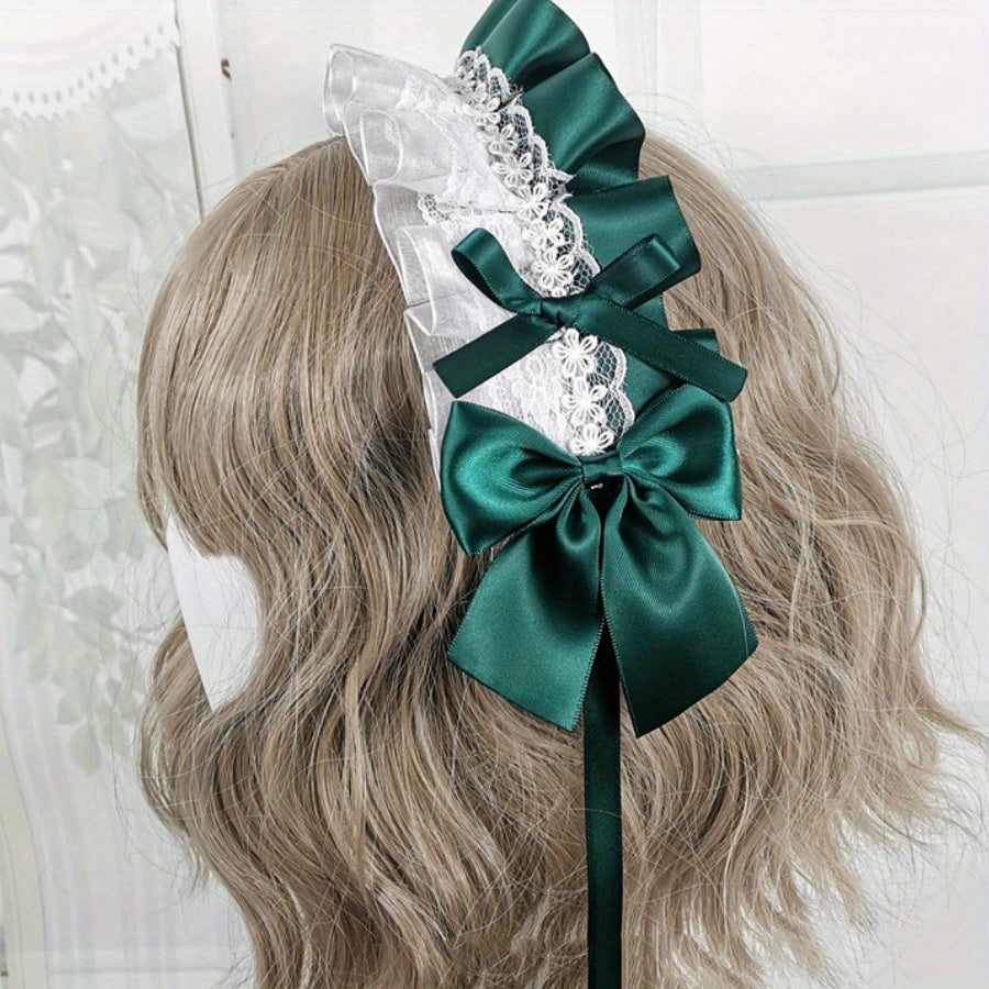 Ruffled Lace Ribbon Bow Headband with Hairpins for Girls in Contrasting Colors